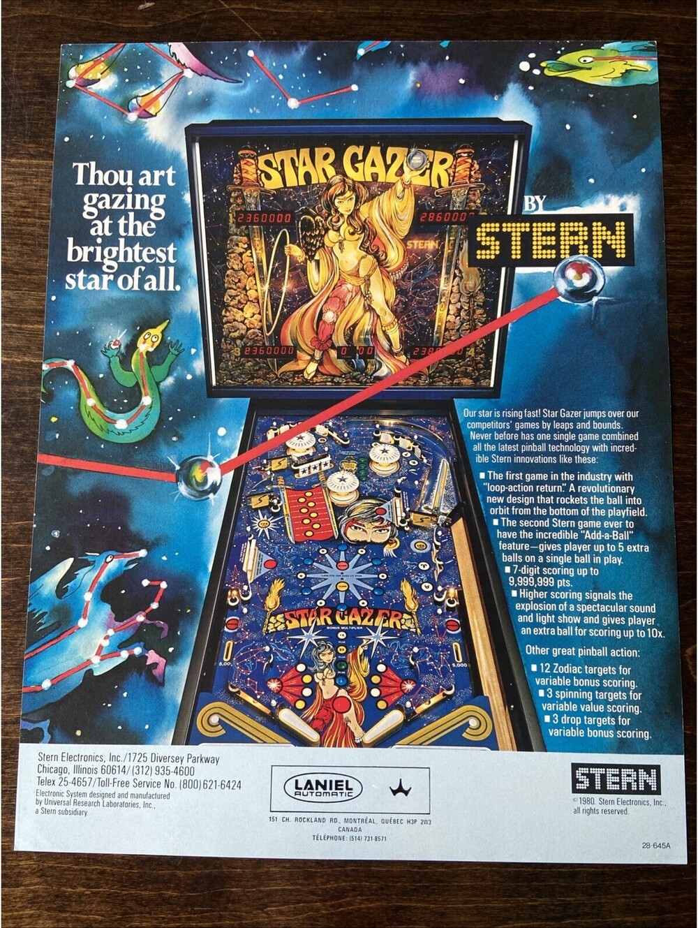 Stern Star Gazer Arcade Pinball FLYER Original Ad Promo 1980 Poster Not PCB